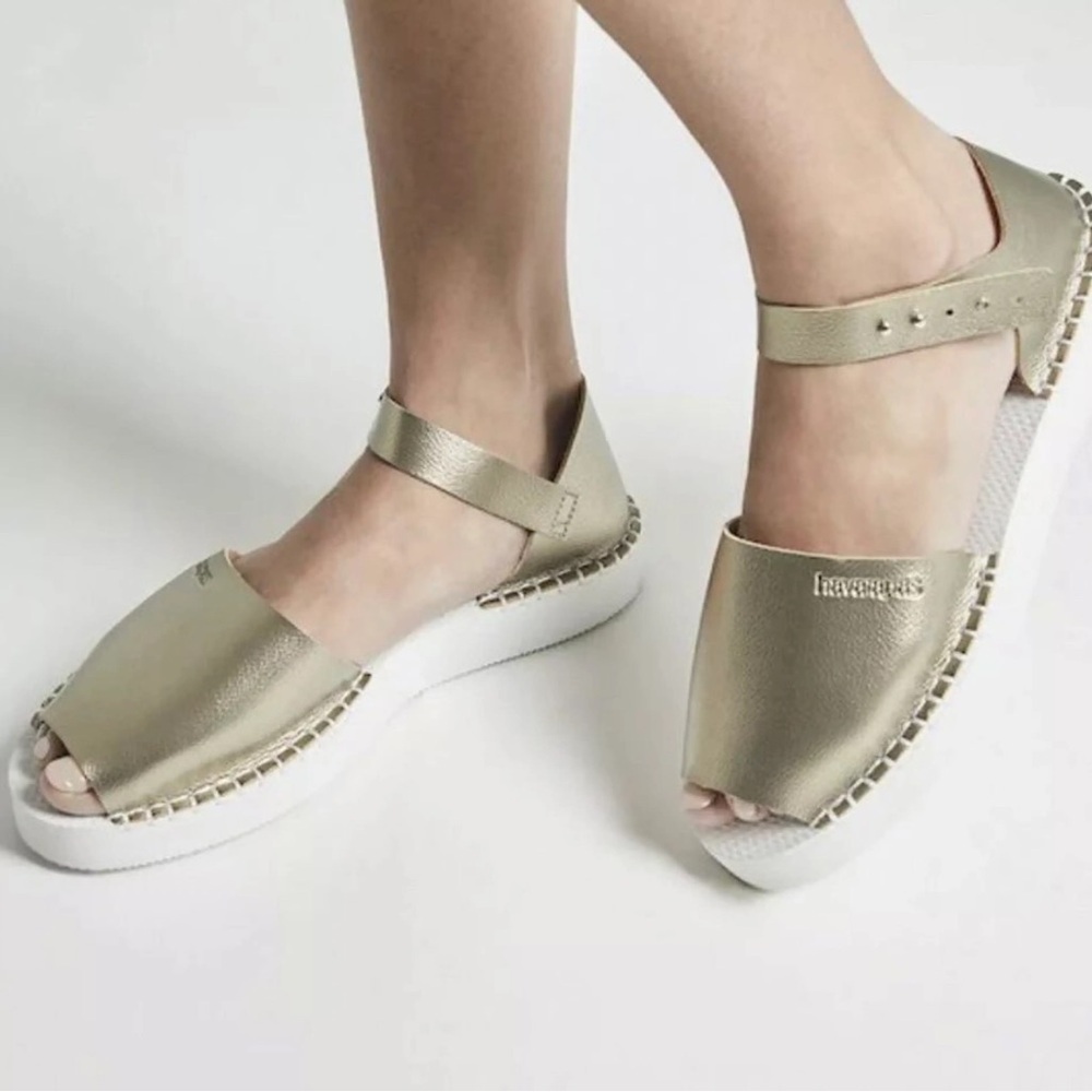 Havaianas Gold Flatform Espadrille Ankle Strap Rubber Foam Peep‎ Toe Sandal Sz 9